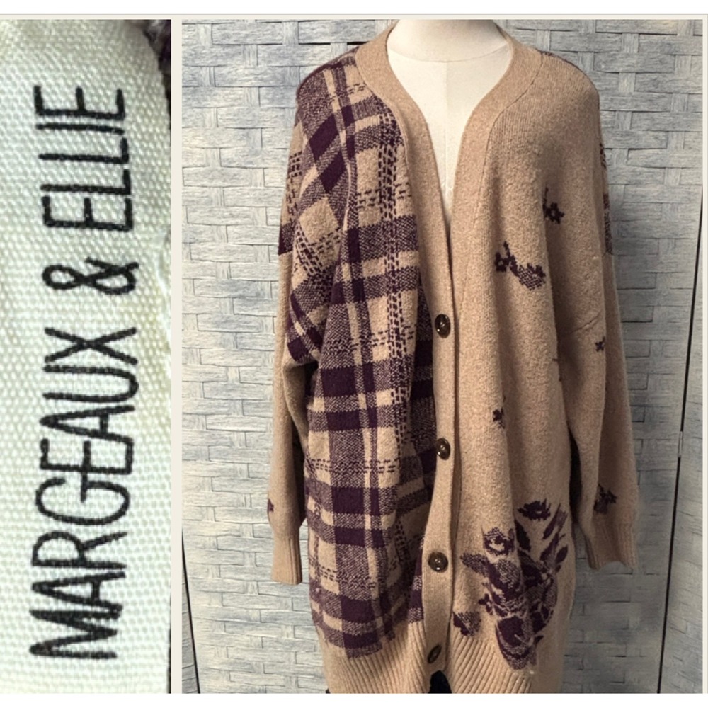 MARGEAUX‎ & ELLIE 2X Plaid Floral Long Cardigan Sweater Women's Beige Purple
